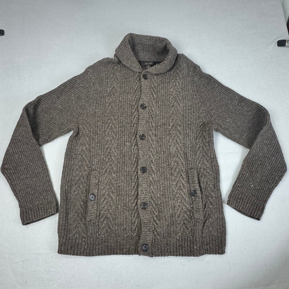 Tasso Elba Mens Brown Lambswool Blend Cable Knit Shawl Collar Cardigan Sweater M
